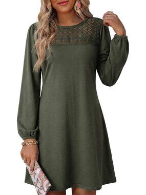 〽️Moss Green Long Sleeve Mini Dress Women’s Crew Neck Empire Waist